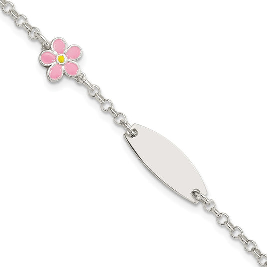 Sterling Silver Childrens Enameled Flower 5in Plus 1IN EXT ID Bracelet 6 inches