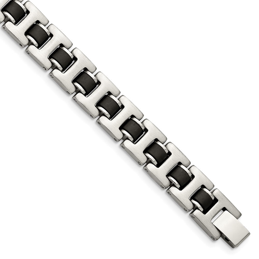 Stainless Steel 8.5in Brushed with Black Rubber Bracelet 8.5 inches