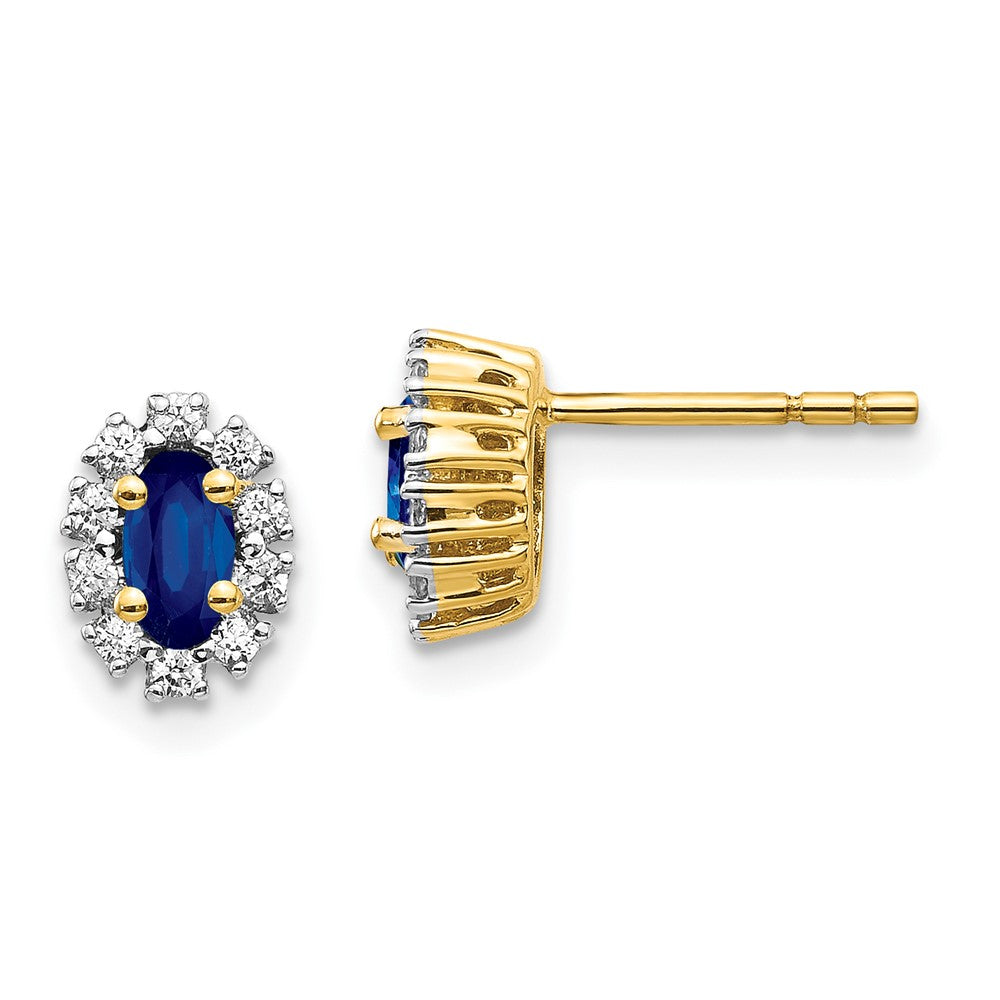 14k 1/5 carat Lab Grown Diamond VS/SI+ G+ and Oval Created Sapphire Halo Post Earrings