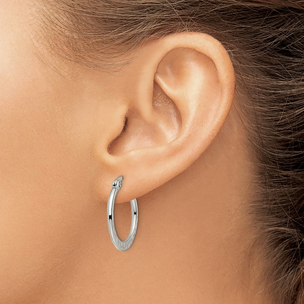 Stainless Steel Polished and Textured 20mm Diameter Hoop Earrings