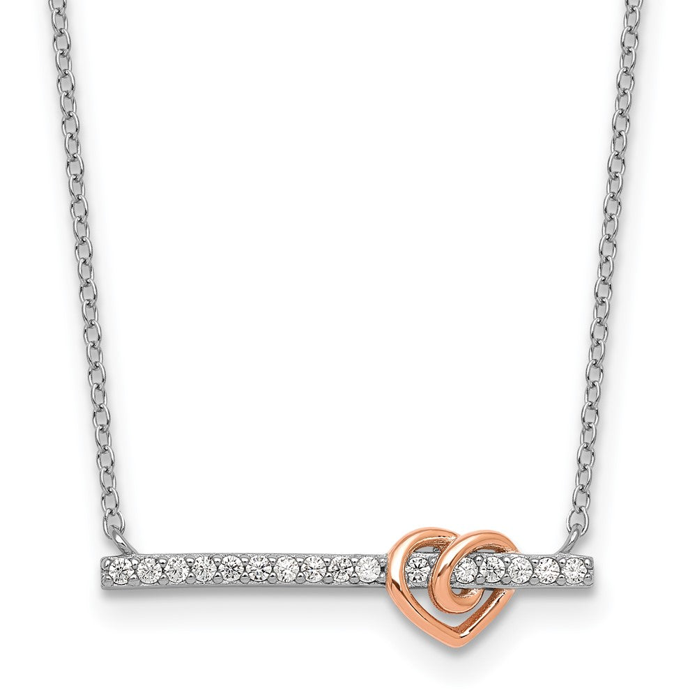 SS RH-pltd and Rose-tone CZ Heart Bar 16in w/2in Ext Necklace 16 Inches