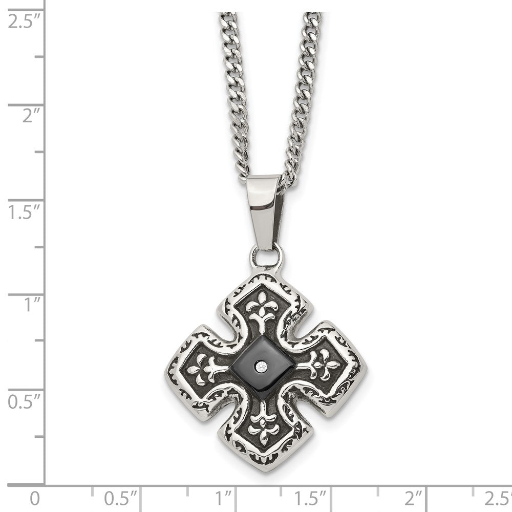 Stainless Steel Polished Black IP-plated w/CZ Celtic Cross 20in Necklace