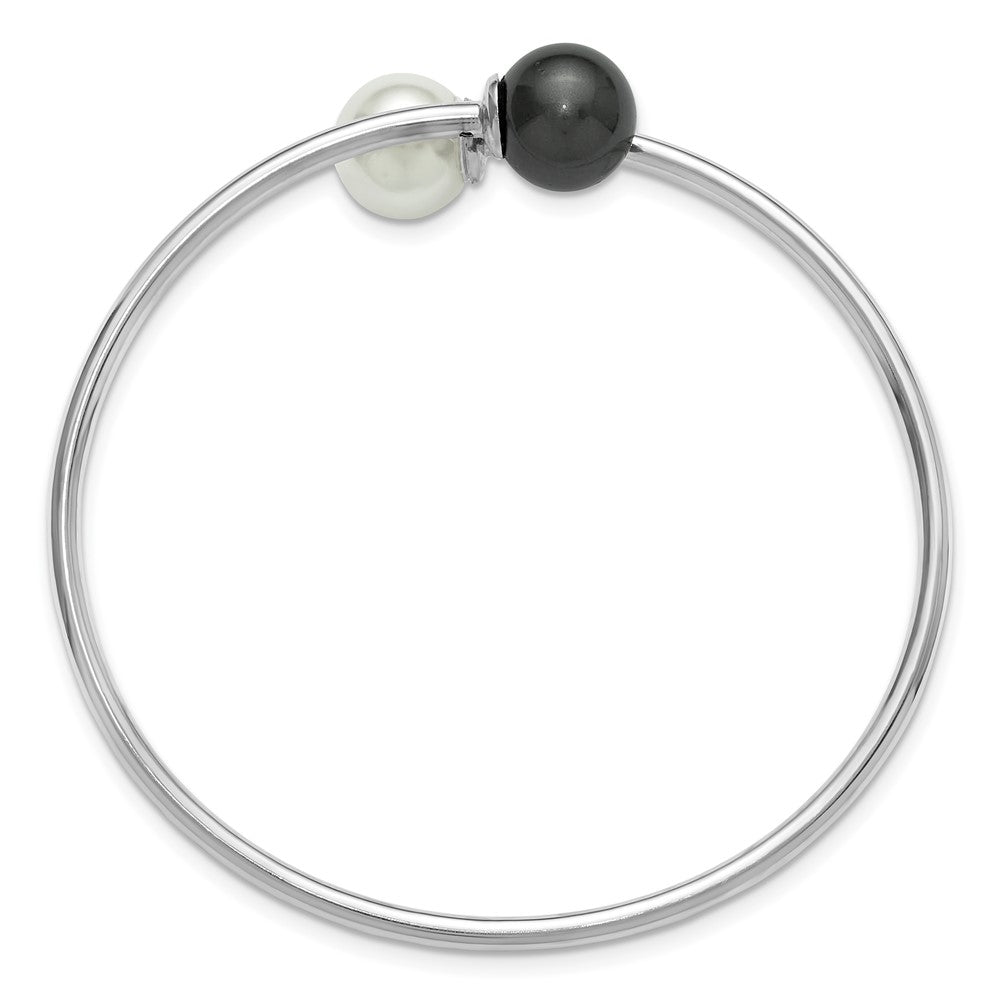 Sterling Silver Rh-plat 10-11mm Wht Blk Imitat Shell Pearl Bangle Bracelet 7 inches