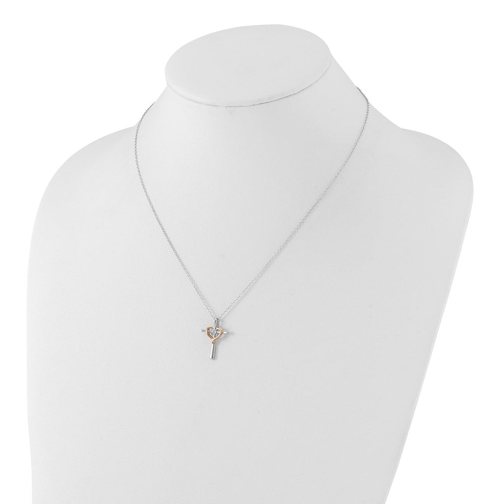 Sterling Silver w/ 10k Rose Accent Diamond Heart Cross Necklace