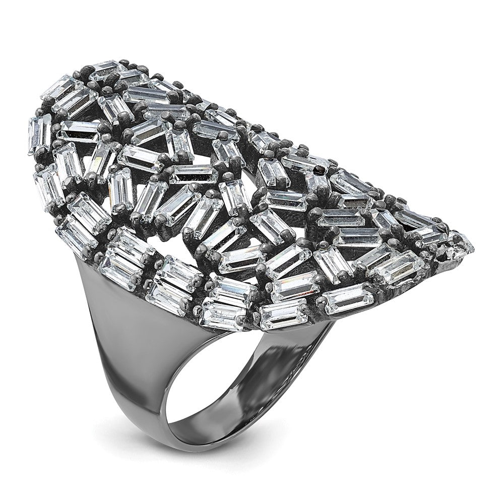 Sterling Silver & Black Ruthenium Oval Baguette Crystal Size 9 Ring