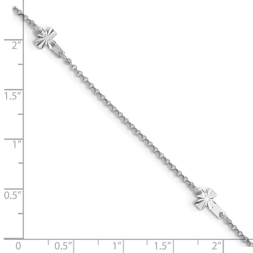 Sterling Silver Rhod-plated Diamond-cut Crosses 9in Plus 1in Ext. Anklet 9 inches