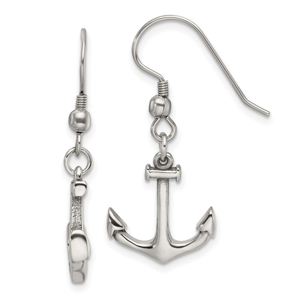 Stainless Steel Polished Anchor Dangle Shepherd Hook Earrings