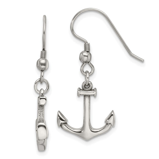 Stainless Steel Polished Anchor Dangle Shepherd Hook Earrings