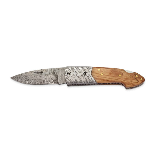 Luxury Giftware Damascus Steel 256 Layer Olive Wood Handle Folding Blade Knife with Leather Sheath and Wooden Gift Box QKN3248