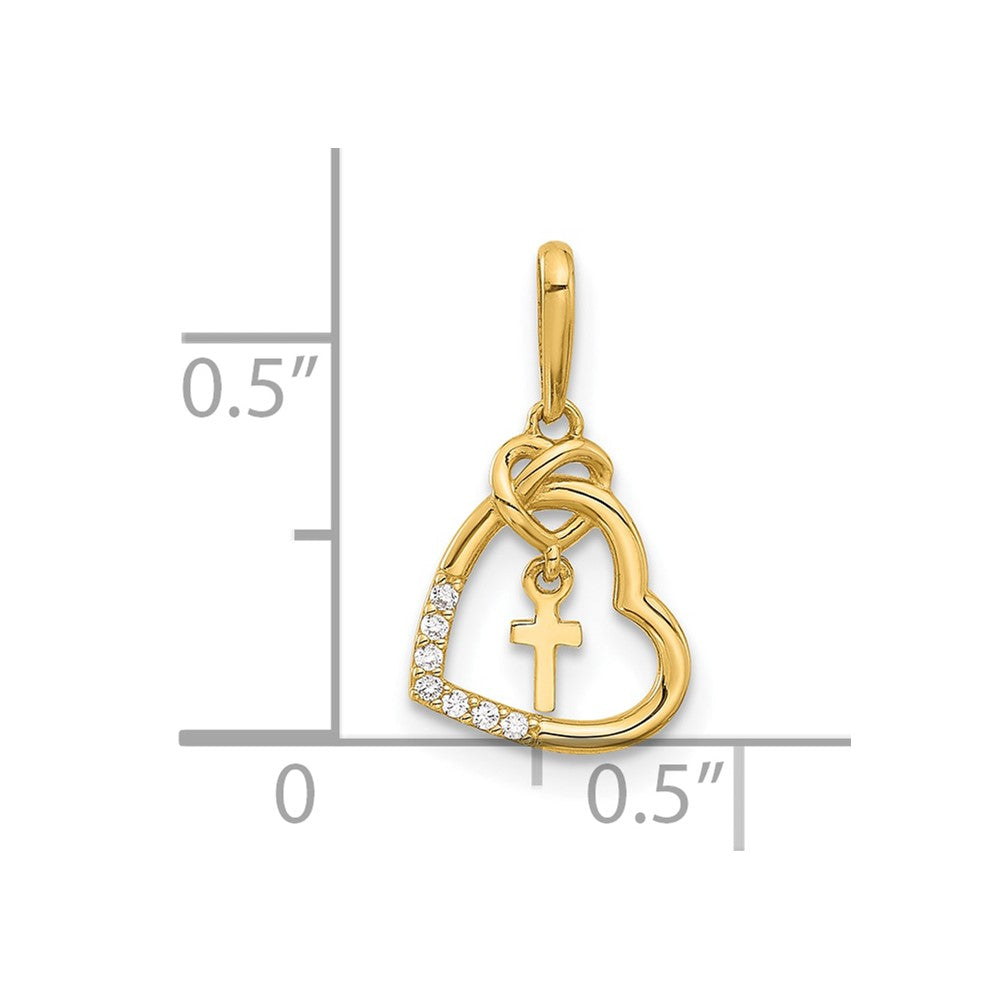 14k Polished CZ Heart w/Cross Dangle Pendant