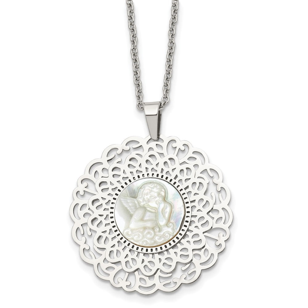 Stainless Steel Polished Mother of Pearl Angel 22in Necklace