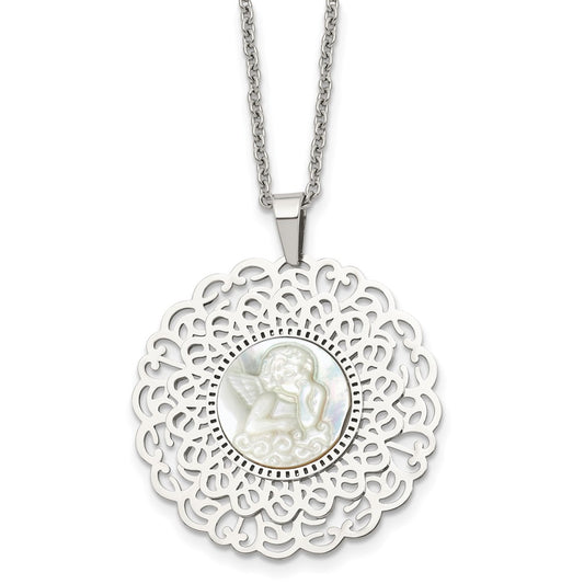 Stainless Steel Polished Mother of Pearl Angel 22in Necklace