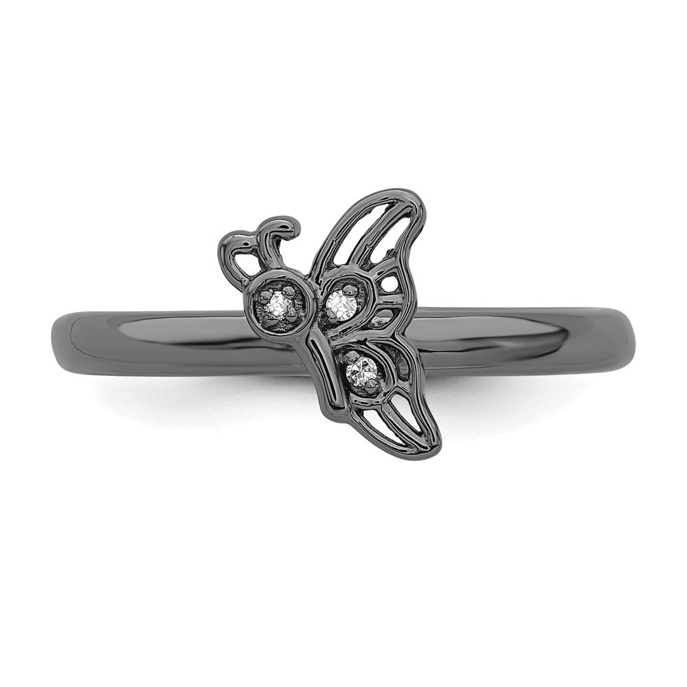 Sterling Silver Stackable Expressions Black-plated Butterfly w/Diamond Ring Size -6