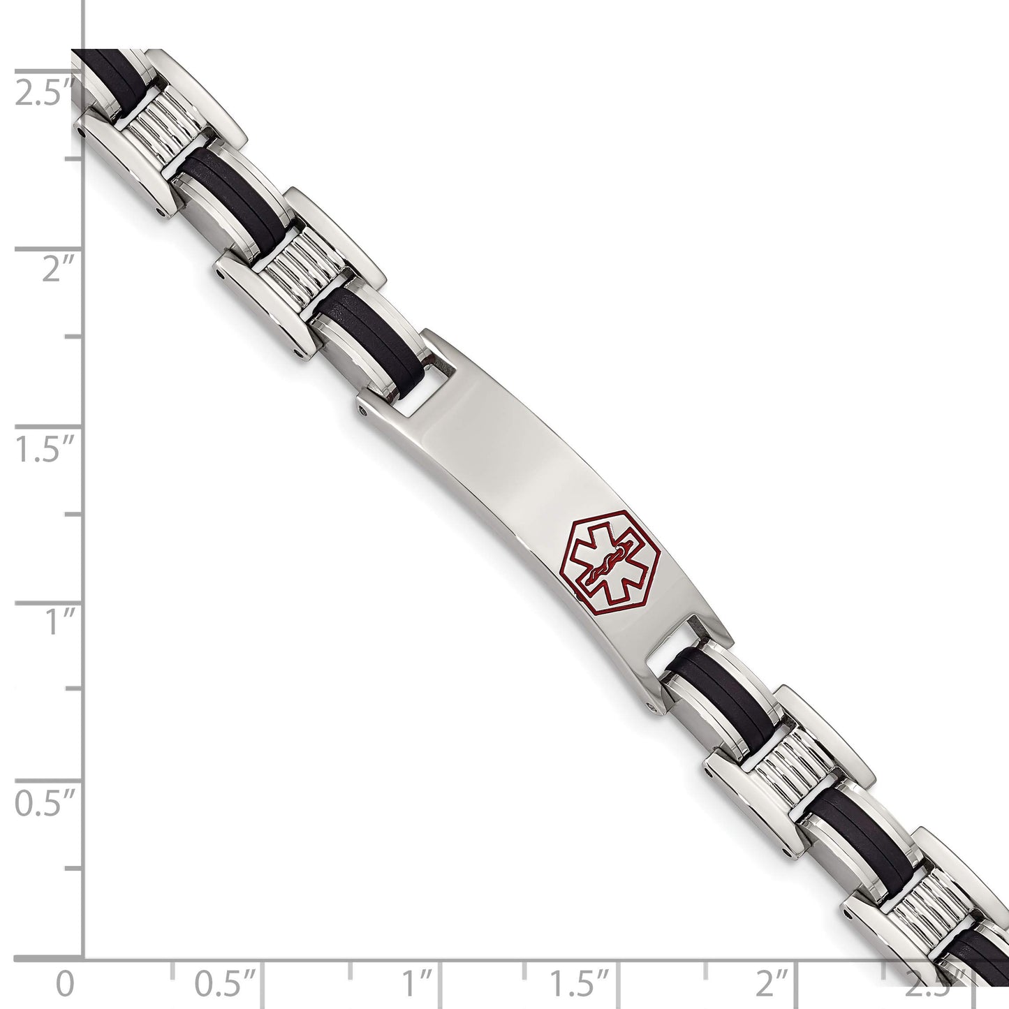 Stainless Steel Black Rubber Red Enamel 8in Medical Bracelet 8 inches
