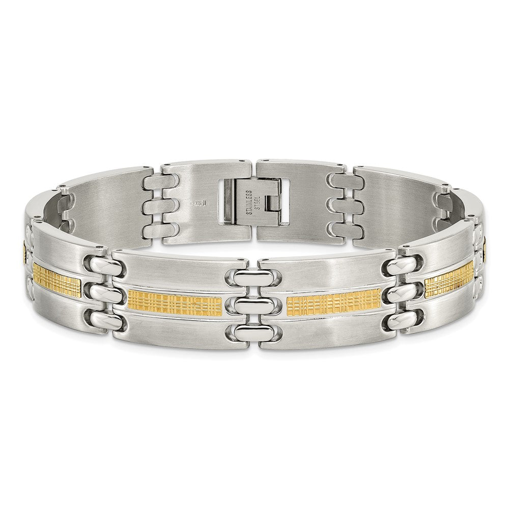 Stainless Steel with 14k Accent 8.5in Brushed and Polished Link Bracelet 8.5 inches