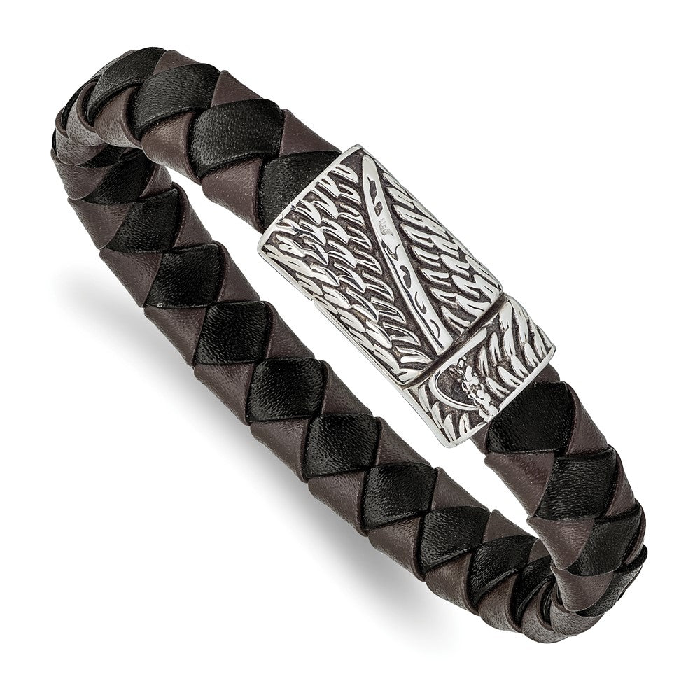 Stainless Steel Antiqued & Polished Black/Brown Leather Sword 8.5in Bracele 8.5 inches