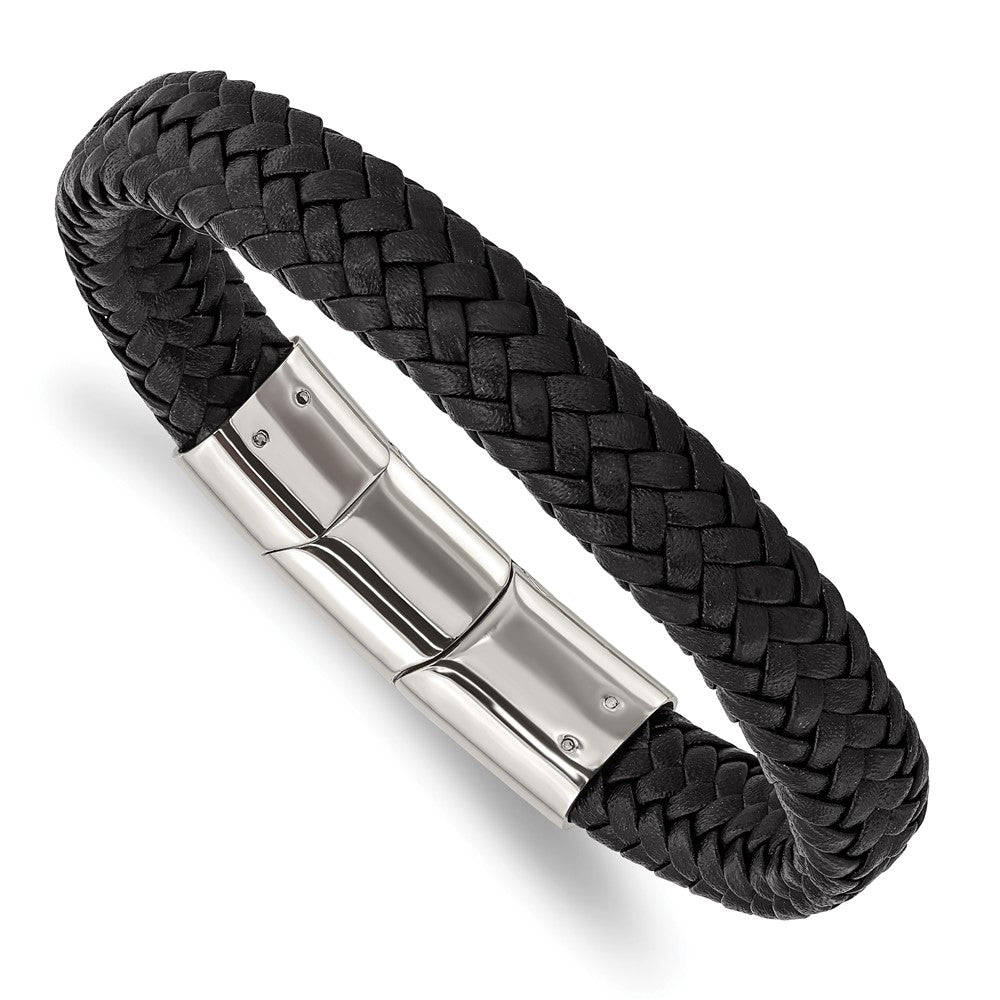 Stainless Steel Polished Black Woven Leather 8in w/.5in ext Bracelet 8 inches