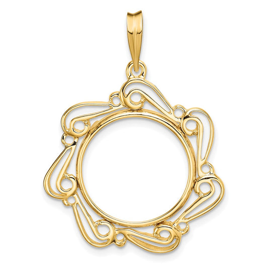 Wideband Distinguished Coin Jewelry 14k Polished Curved Scroll 16.5mm Prong Coin Bezel Pendant