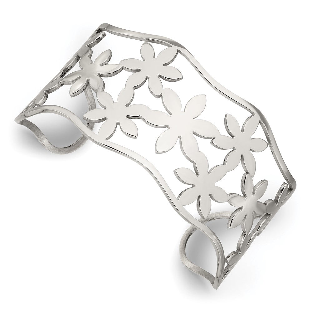 Stainless Steel Polished Flowers Cuff Bangle 7 inches
