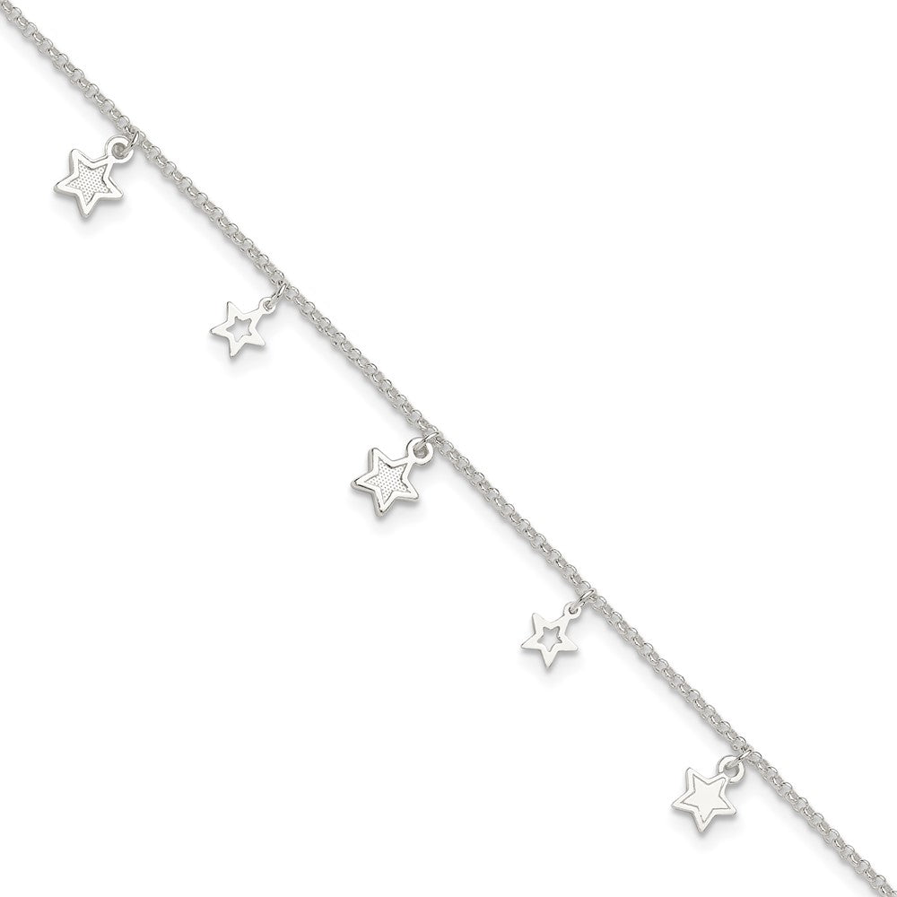 Sterling Silver Polished and Textured Star 9in Plus 1in Ext. Anklet 9 inches