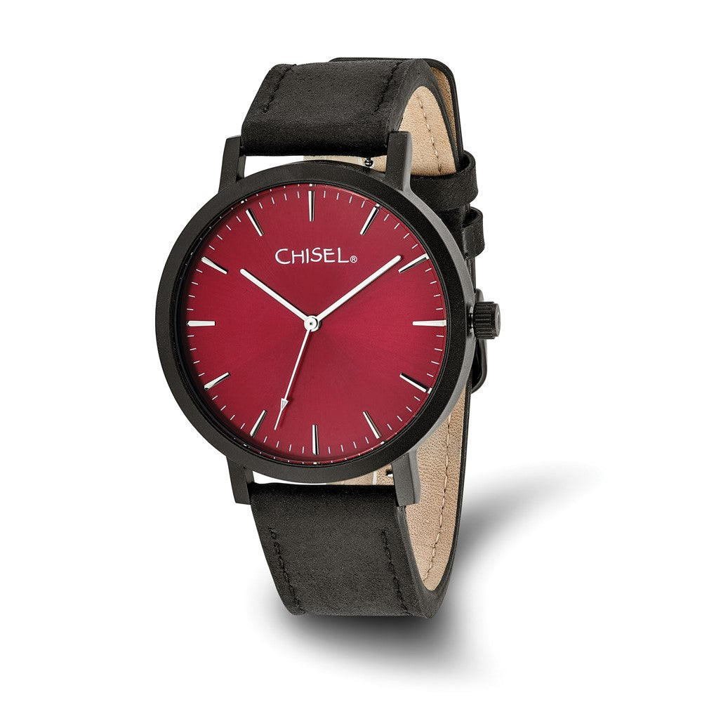 Chisel Matte Black IP-plated Red Dial Black Leather Band with Quick Release Watch 9 inches