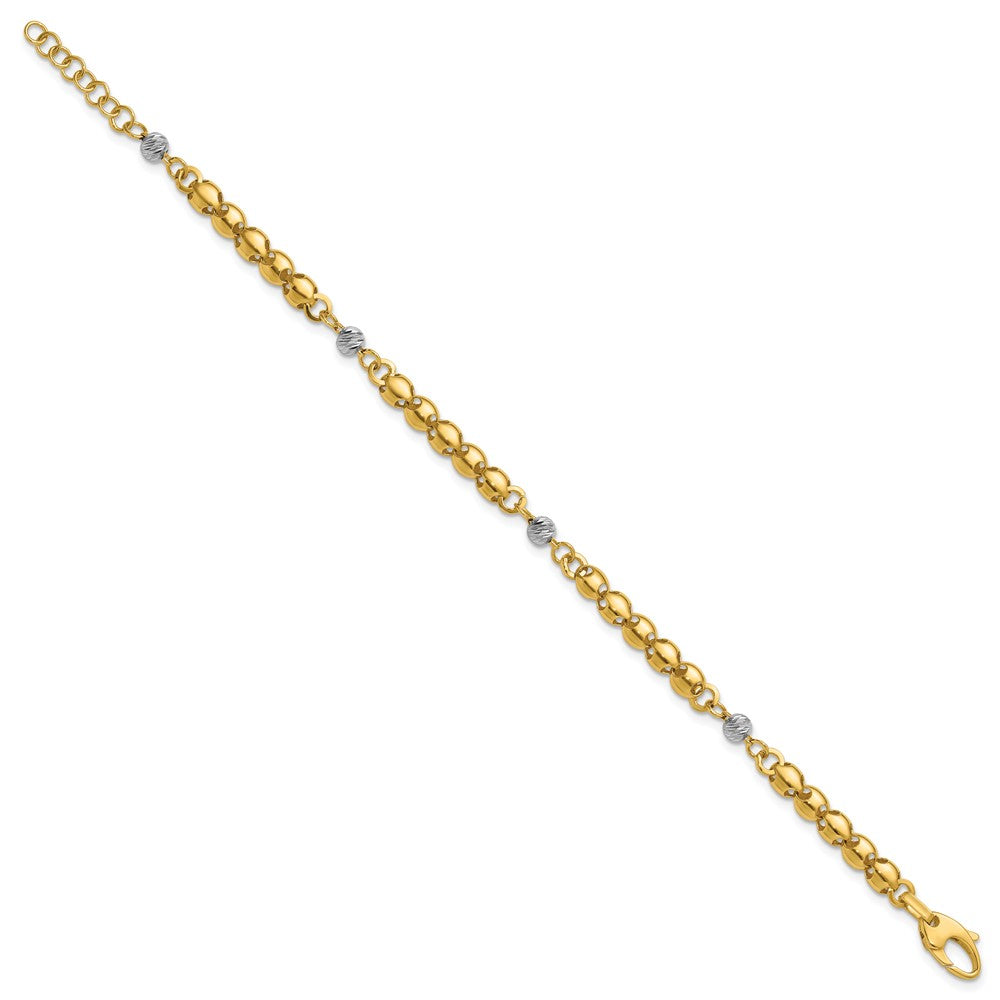 14K w/Rhodium Polished D/C Beaded Oval Link w/1in ext. Bracelet 7.5  inches