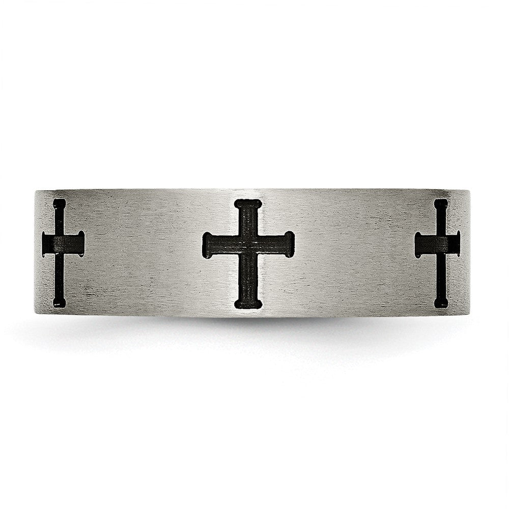 Titanium Brushed Black IP-plated Cross 7mm Band Size - 13