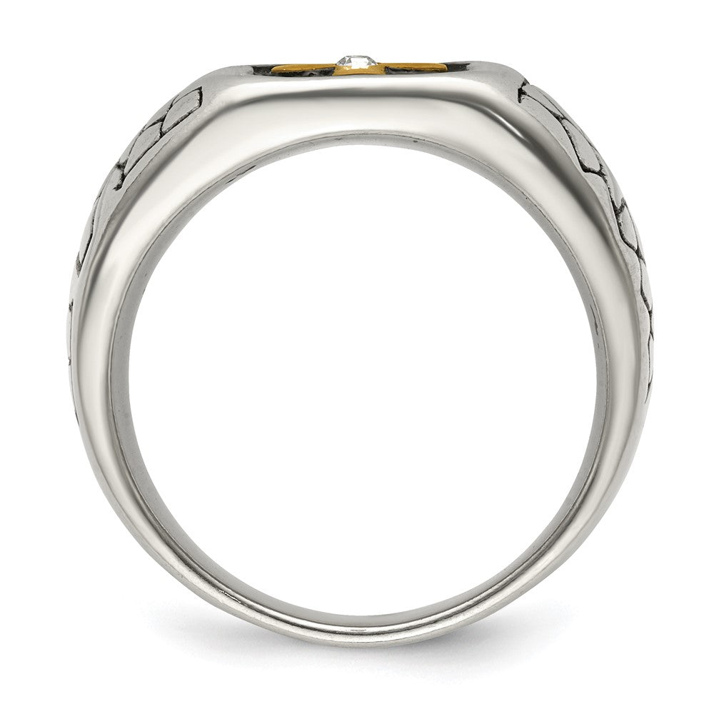 Stainless Steel Antiqued & Polished Yellow IP-plated w/Crystal Cross Ring Size - 9