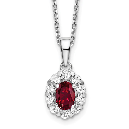 14k White Gold 1/2 carat Lab Grown Diamond VS/SI+ G+ and Oval Lab Created Ruby 18 inch Halo Pendant Necklace