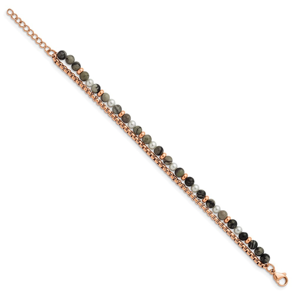 Stainless Steel Polished Rose IP w/Picasso Jasper 6.5in w/1in ext Bracelet 6.5 inches