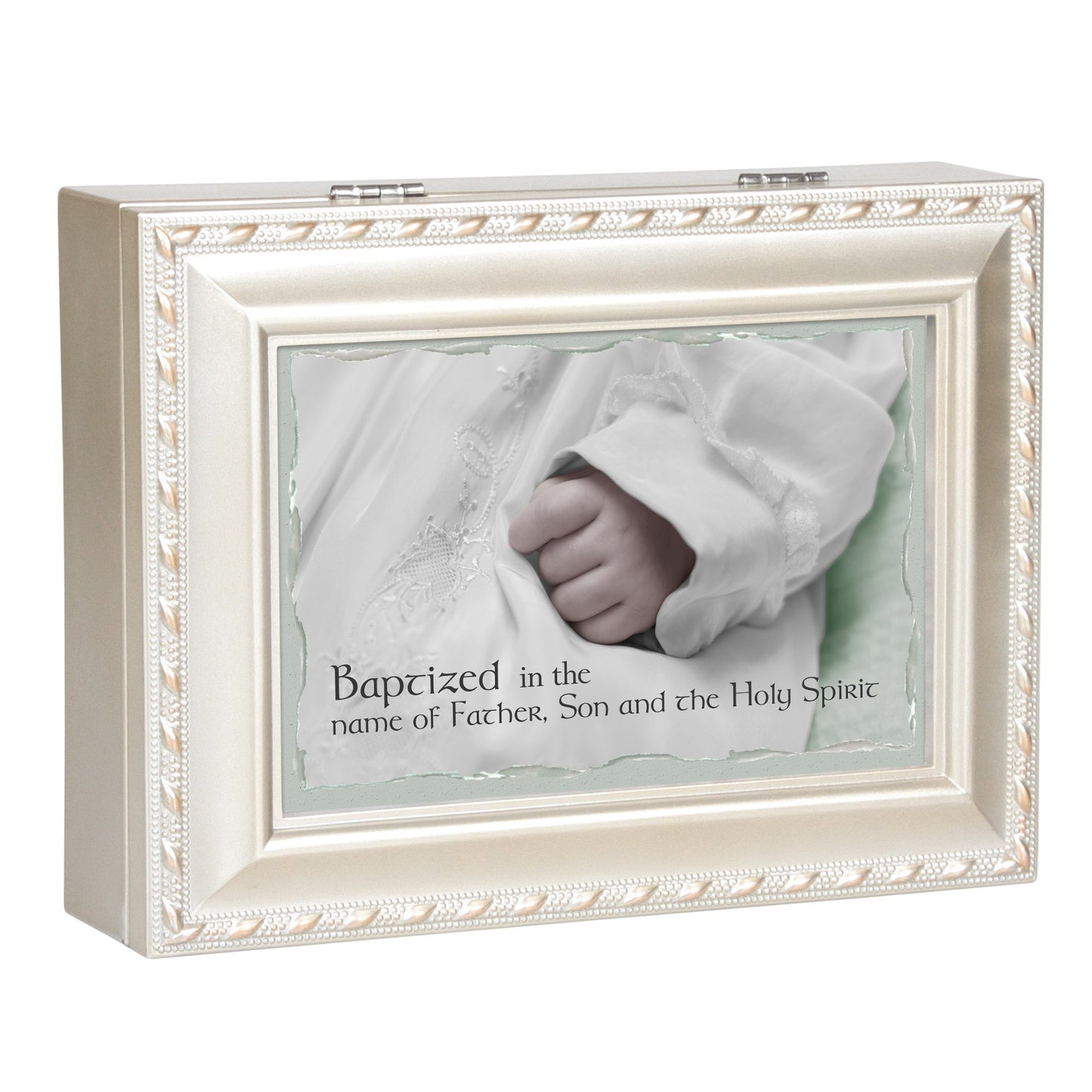 Cottage Garden Baptized Father Son Holy Spirit 8 x 6 Inch Champagne Silver Keepsake Music Jewelry Box Plays Jesus Loves Me