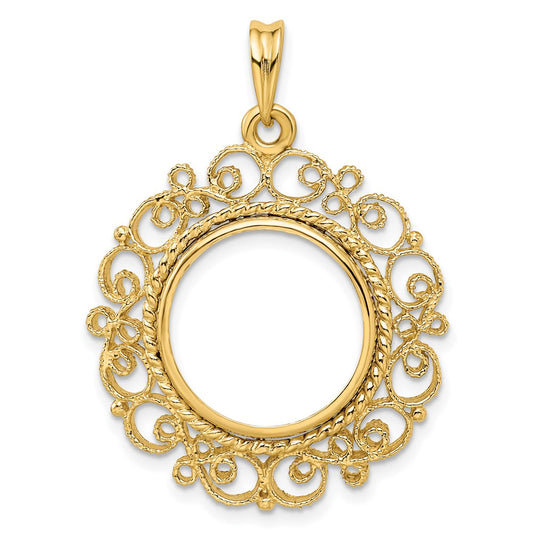 Wideband Distinguished Coin Jewelry 14k Polished and Textured Victorian 16.5mm Prong Coin Bezel Pendant