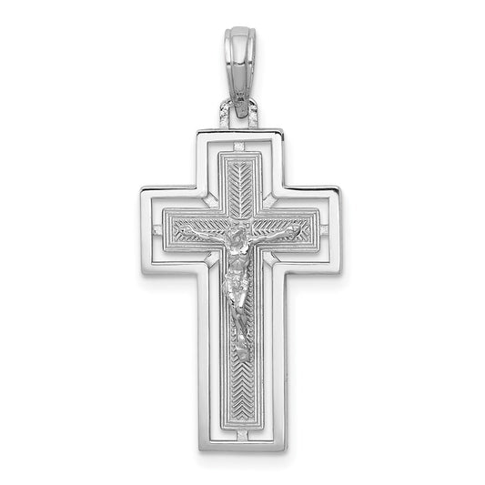14K White Gold Textured Crucifix w/ Frame Charm