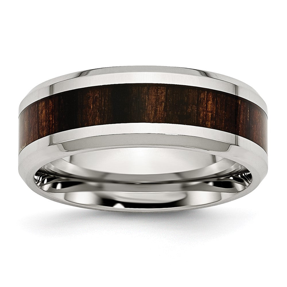 Stainless Steel Polished Black Koa Wood Inlay Enameled 8mm Band Size - 8.5