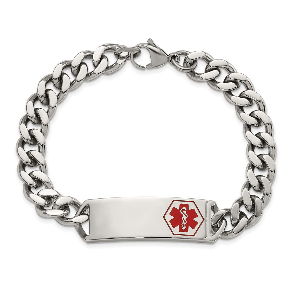 Stainless Steel Polished with Red Enamel 8in Medical ID Bracelet 8 inches