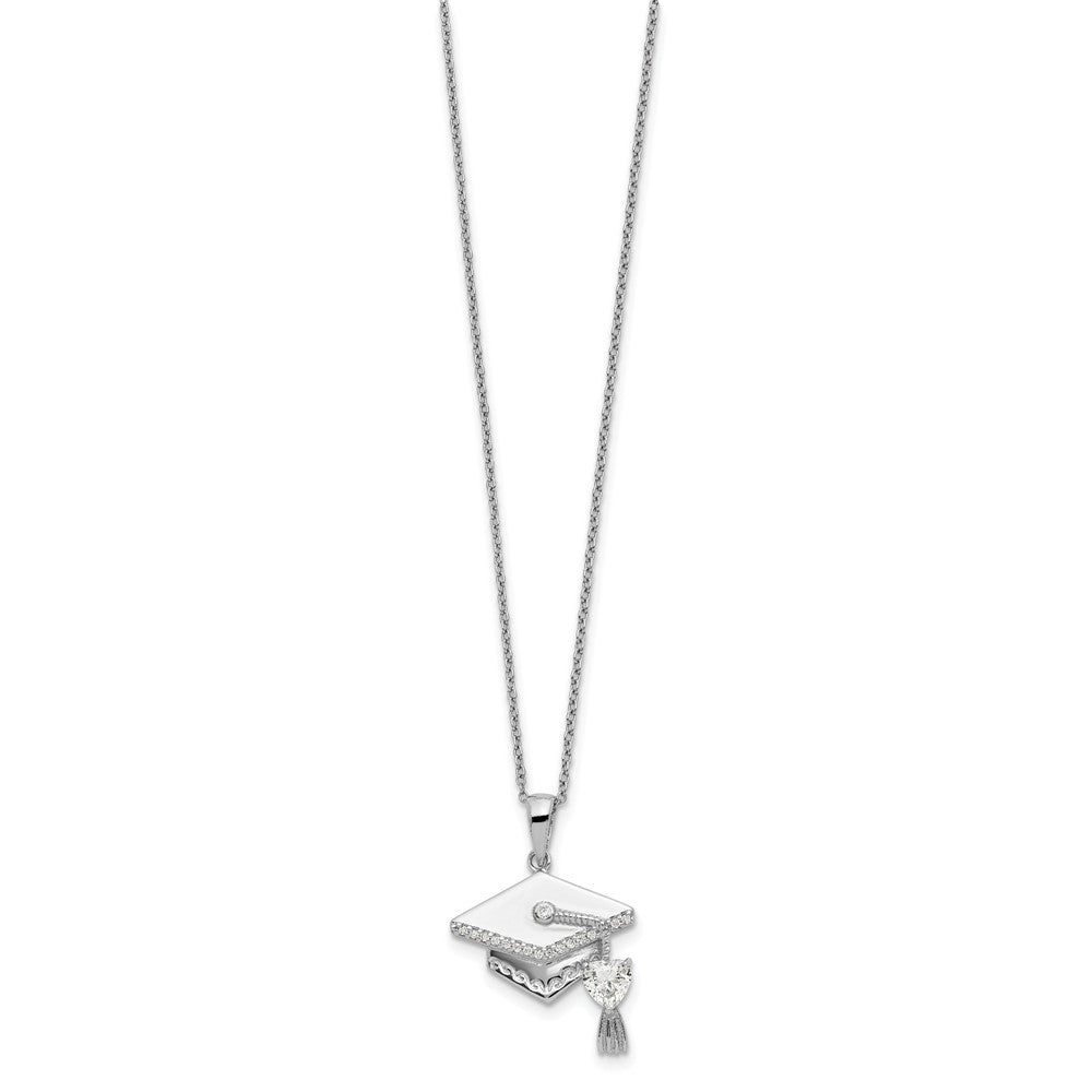 Sterling Silver CZ Graduation Cap Necklace 17.5 Inches