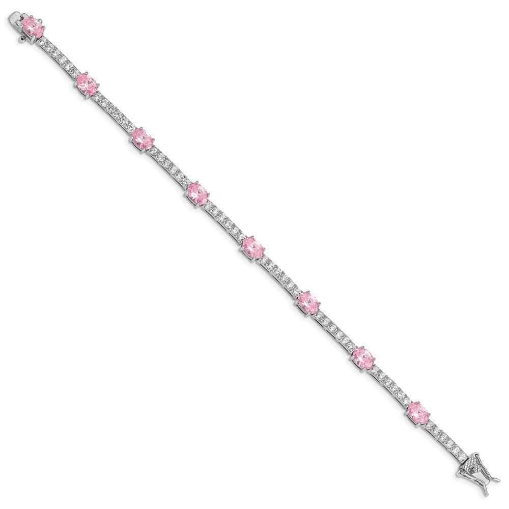 Sterling Silver Rhodium-plated 7inch Pink and Clear CZ Bracelet 7 inches