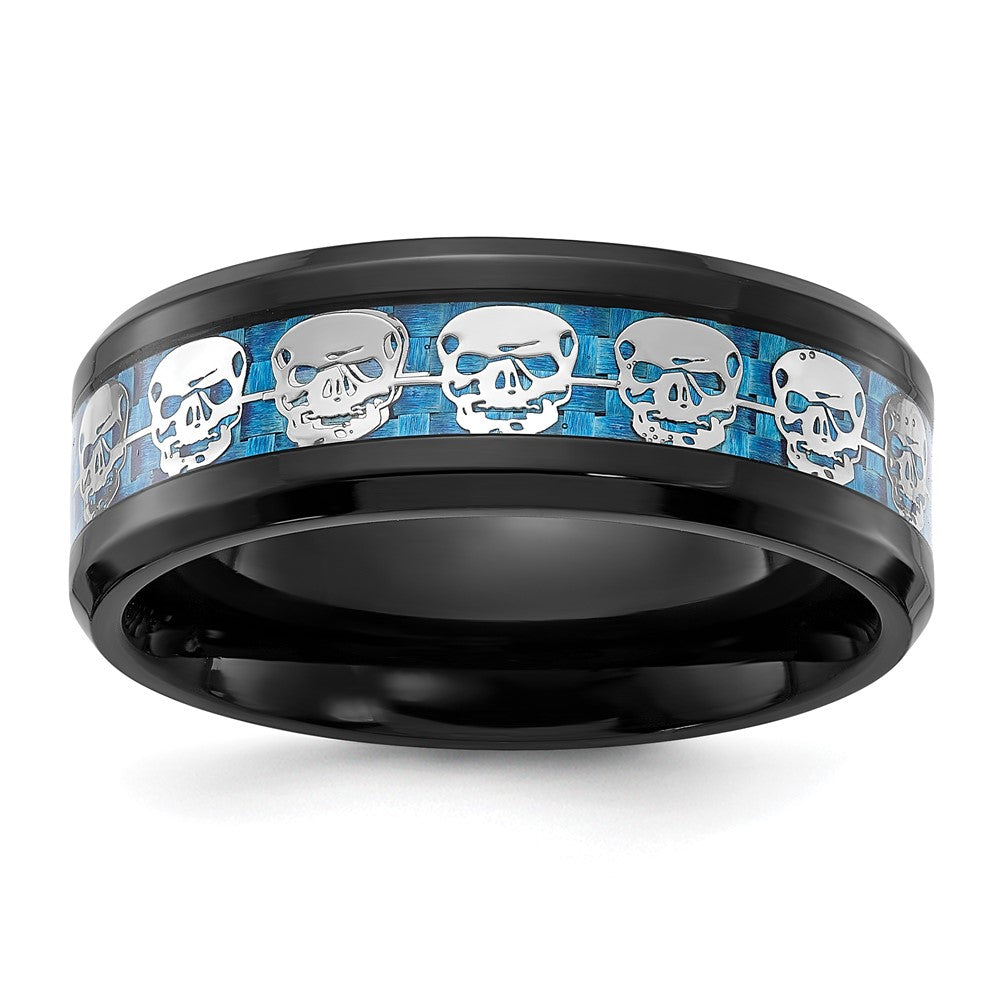 Chisel Stainless Steel Polished Black IP-plated Skulls with Blue Carbon Fiber Inlay 8mm Band Size - 10
