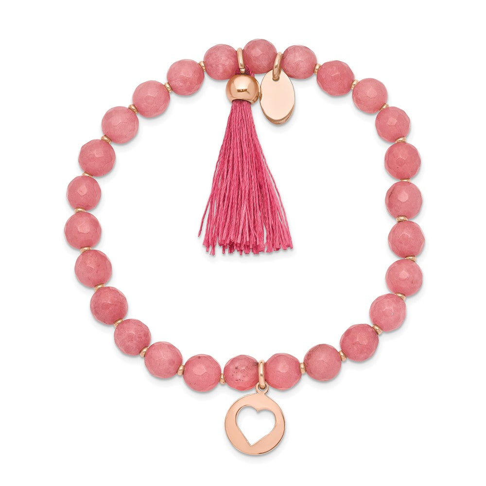 Stainless Steel Polished Rose IP Heart w/Tassel Pink Jade Beaded Bracelet 6.5 inches