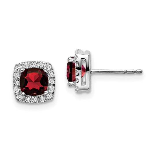 14k White Gold Cushion Garnet and Diamond Halo Earrings