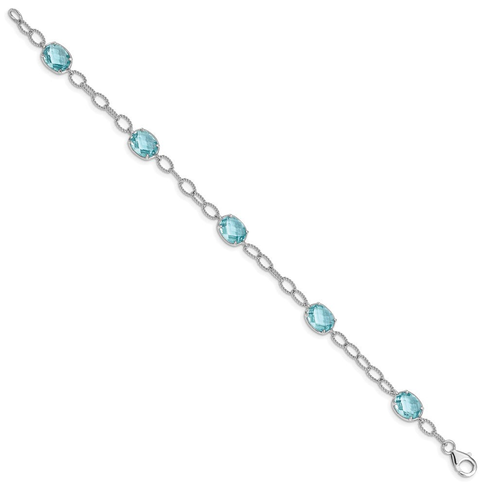 Sterling Silver Rhodium-plated Aqua Blue CZ Textured Link Bracelet 7.5 inches