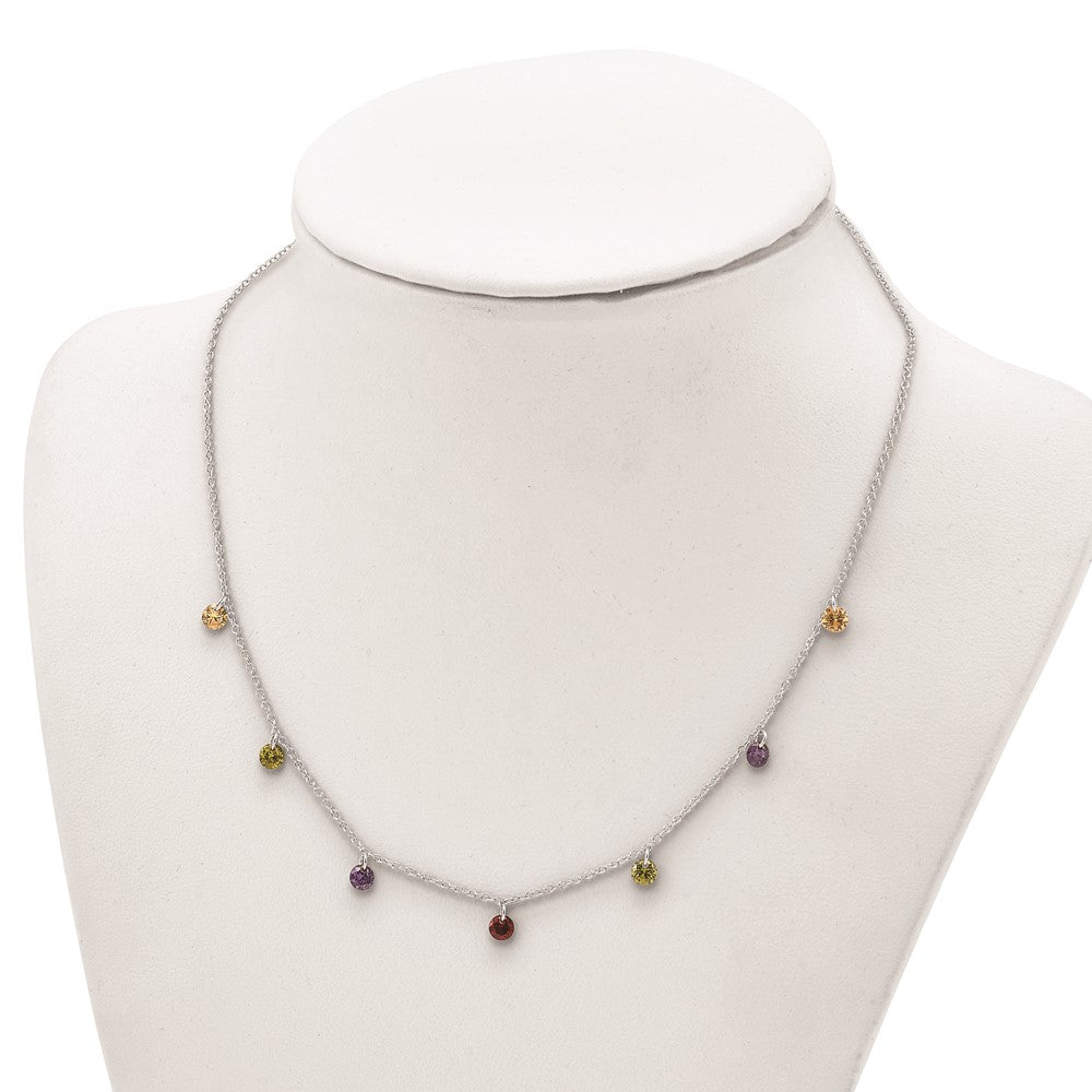 Prizma Sterling Silver Rhodium Plated 16 inch Dangling Colorful CZ Necklace with 2 inch Extender 16 Inches