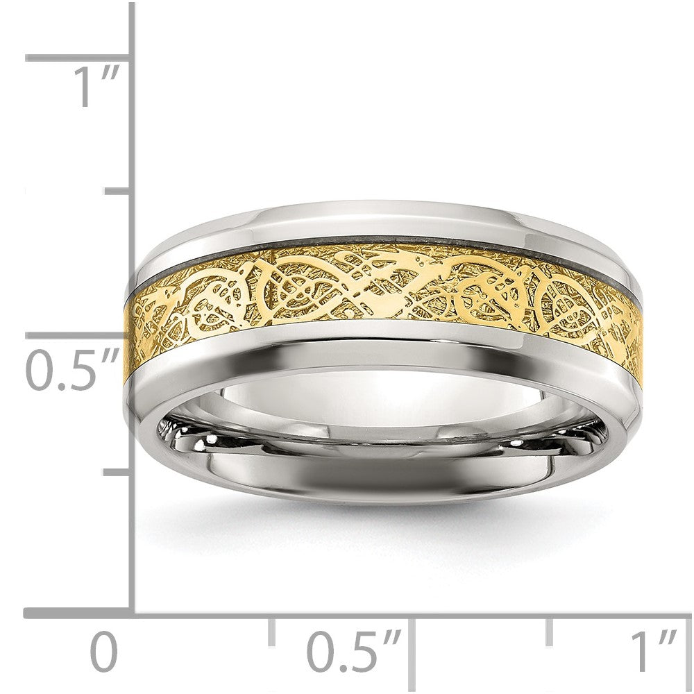 Stainless Steel Polished with Yellow IP-plated Inlay Design 8mm Band Size - 7