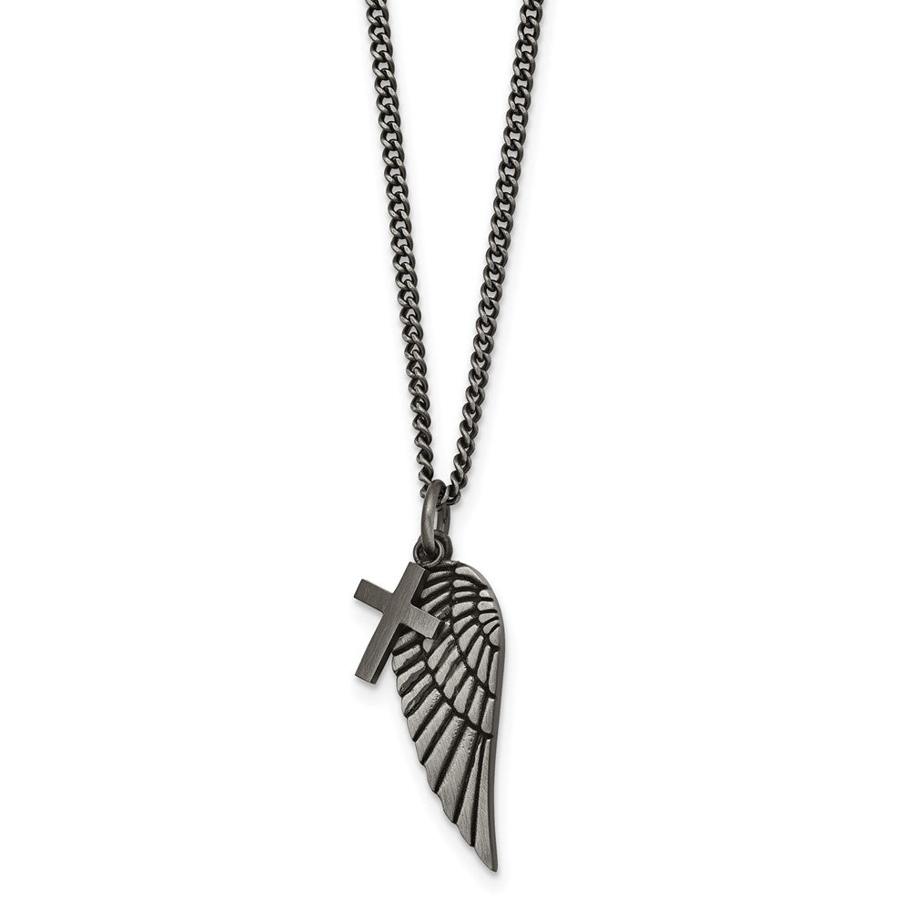 Stainless Steel Antiqued Wing and Cross 19.75in w/2in ext. Necklace