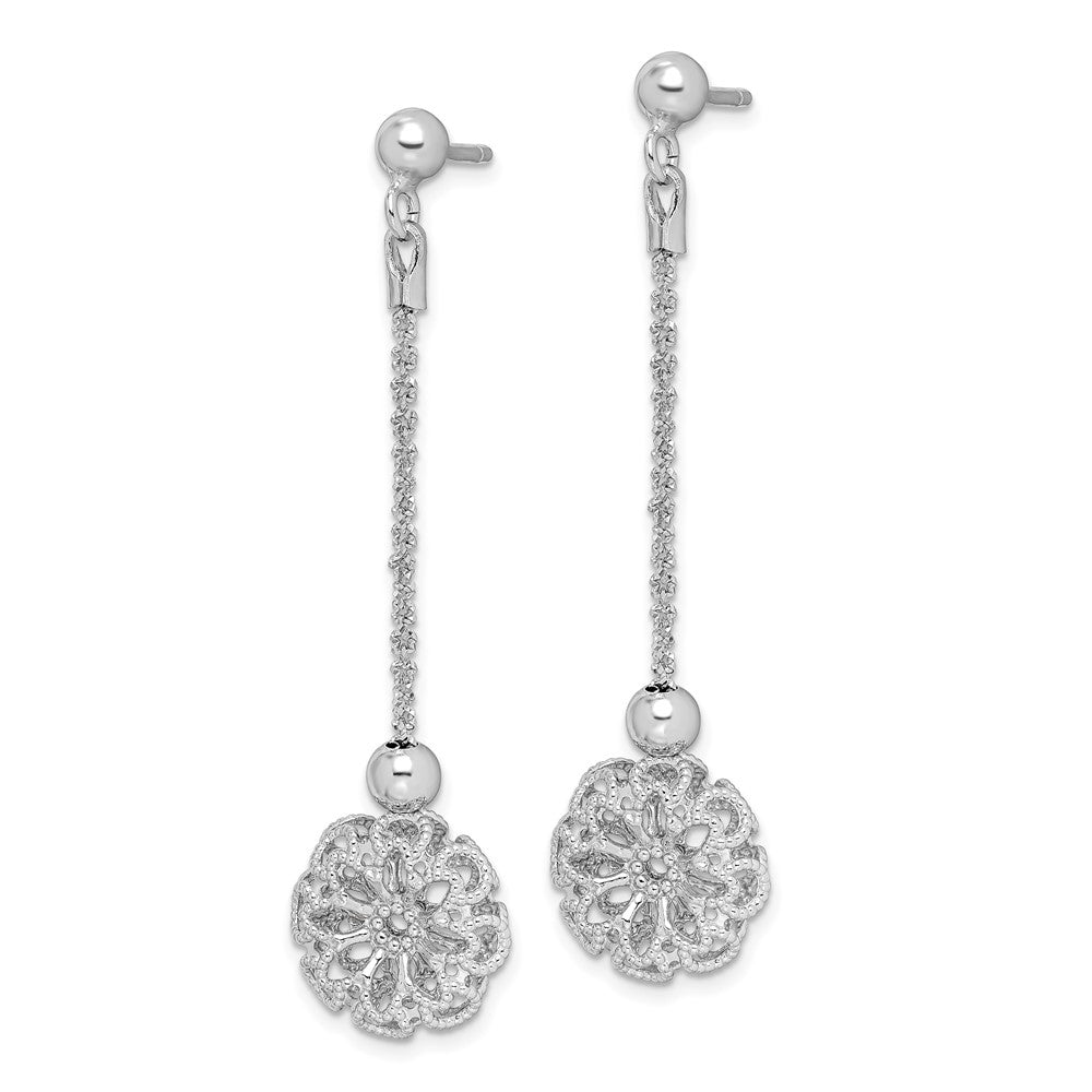 Sterling Silver RH-plated  D/C Flower Post Dangle Earrings