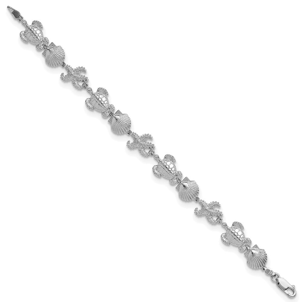 De-Ani Sterling Silver Rhodium-Plated Polished Turtle / Shell / Starfish Bracelet 7.5 inches