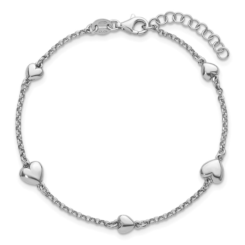 Sterling Silver Rhodium-plated Polished Five Puffed Hearts 7 inch with 1 inch Extender Bracelet 8 inches