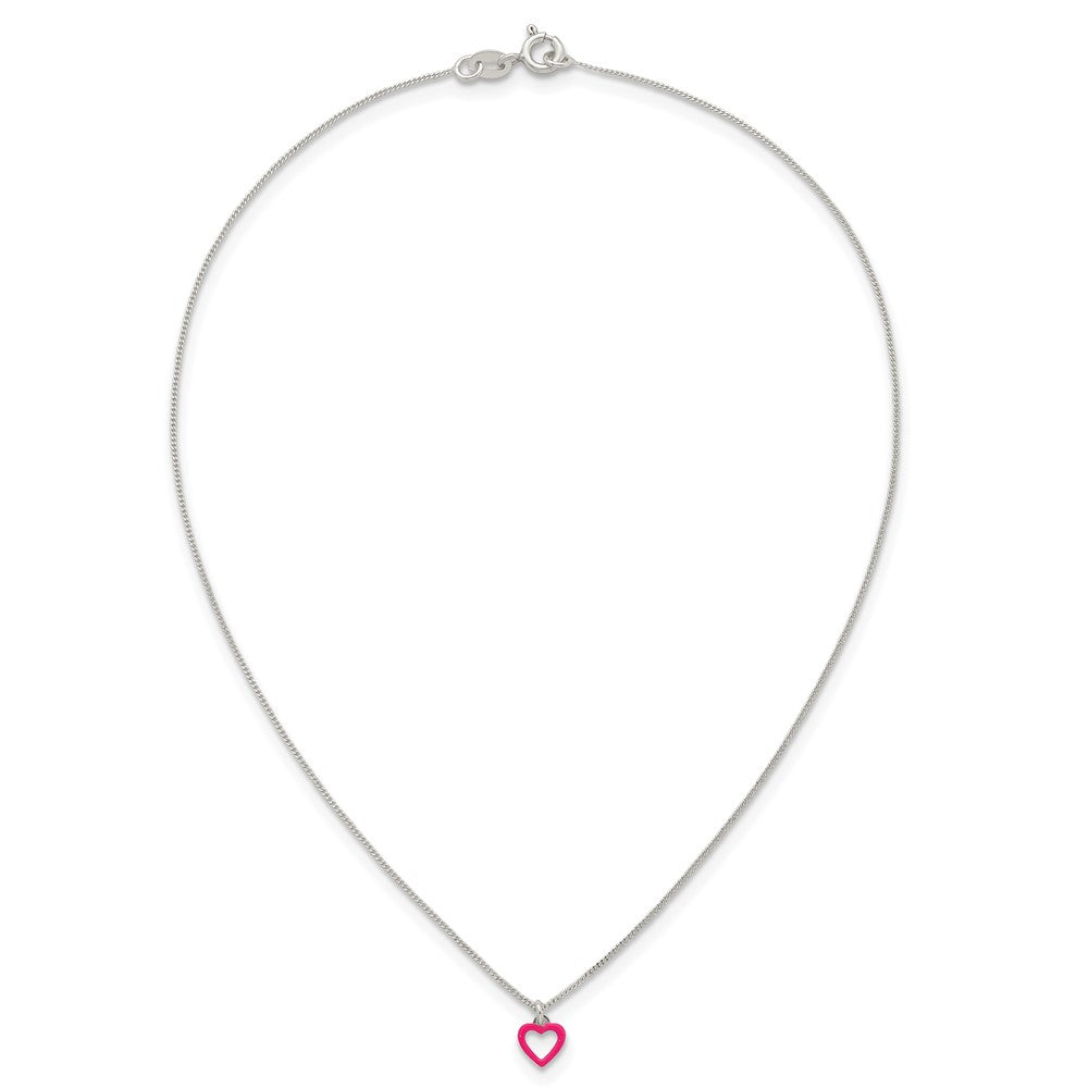 Sterling Silver Polished Pink Enamel Open Heart Childrens 14 inch Necklace and Post Earrings Set