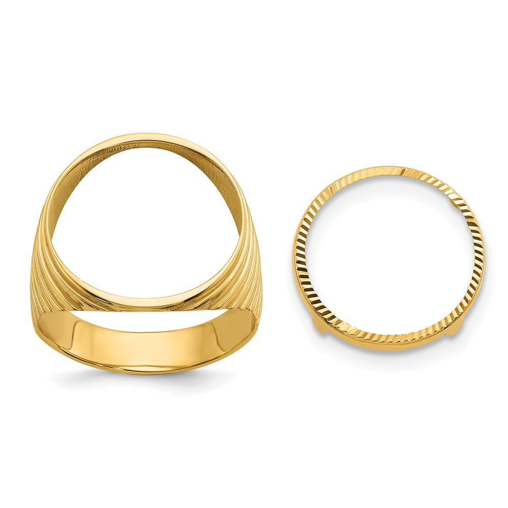 Wideband Distinguished Coin Jewelry 14k Men's Polished and Diamond-cut Ribbed Edge 16.5mm Coin Bezel Ring