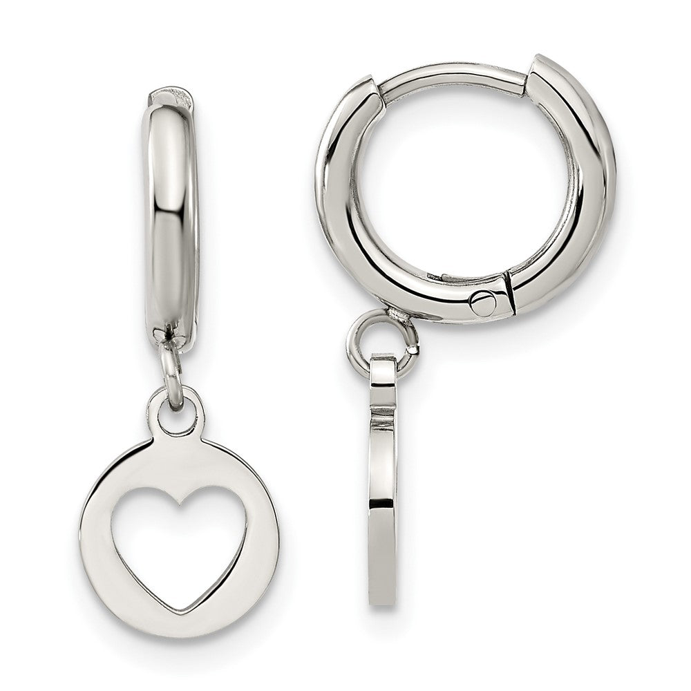 Stainless Steel Polished Cut Out Heart Dangle Hoop Earrings